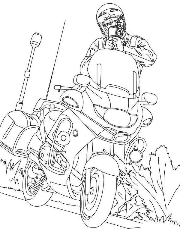 Online coloring book: Coloring page policeman measures the speed of the wheel of his motorbike